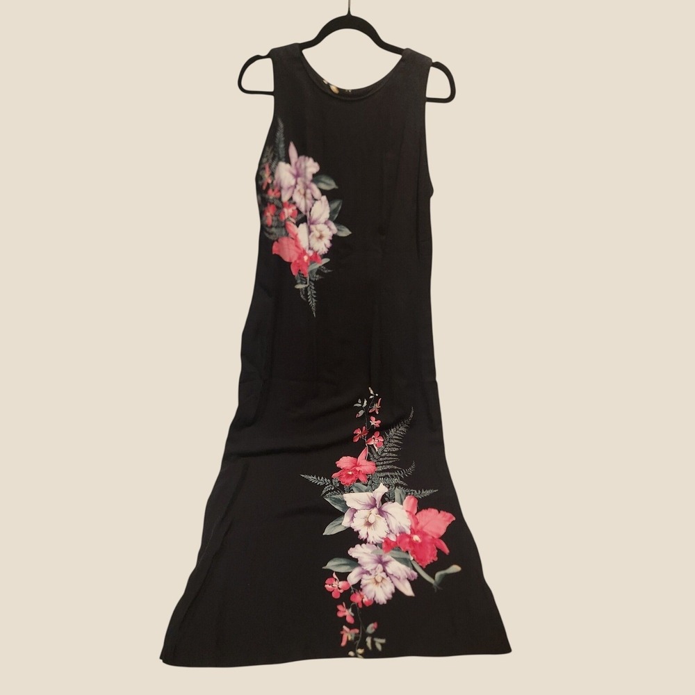 VTG Iolani Hawaii Black Tropical Orchid Maxi Dress L Resortwear Vacation Cruise